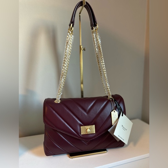 NWT MONCRIEF LONDON Cathryn Bordeaux Leather Flap Over Quilted Tote - Picture 11 of 11